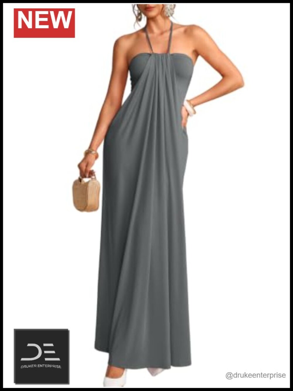 Self-Tie Halter Maxi Dress Ruched Draped Slim Fit